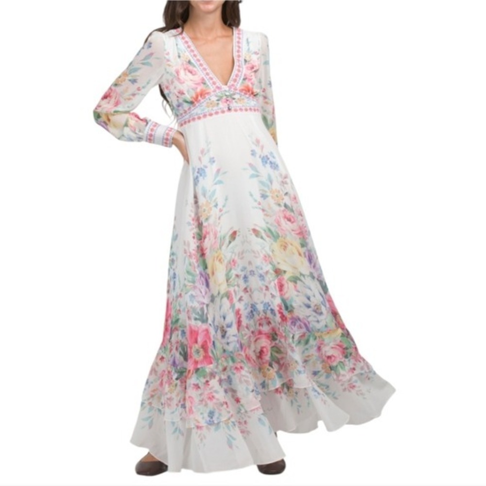 Dalia MacPhee White Long Sleeve Victorian Boho Maxi dress‎ Size Small New